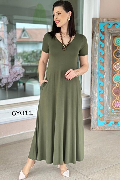 İnce Topuk Рокля с V-образно деколте от вискоза и пениран памук с джобове 6y011