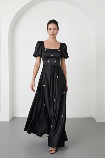 Lafaba Women's Black Square Neck Balloon Sleeve Stoned Long Satin Evening Dress