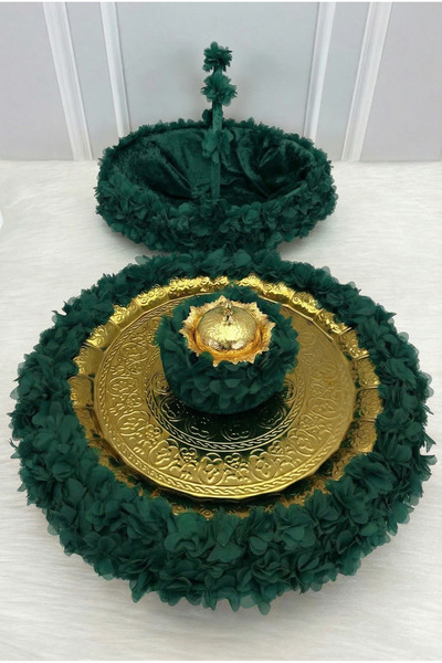 ZEYMERADE صينية نحاسية خضراء زمردية مزينة بالزهور، مخمل صينية هينا جيتسو للعر...