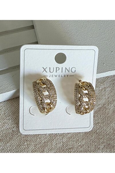 julee.co Xuping Zincir Model Zirkon Taşlı 14 K Altın Renk Rodyum Küpe (2x1,5cm)