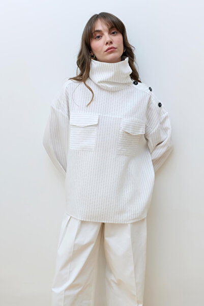 My Blog Cămașă albă cu detaliu nasturi pe umăr cu dungi - 4067