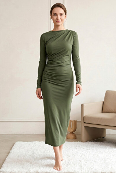 FERHEL Long Sleeve Draped Bodycon Dress - Khaki Green