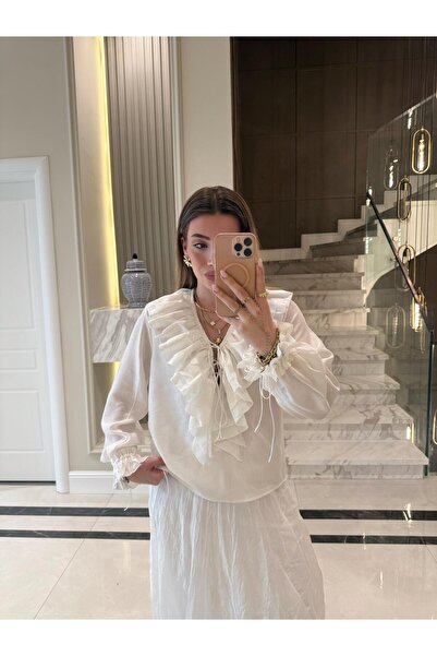 CKBUTİK Λευκό σουηδικό πουκάμισο με βολάν