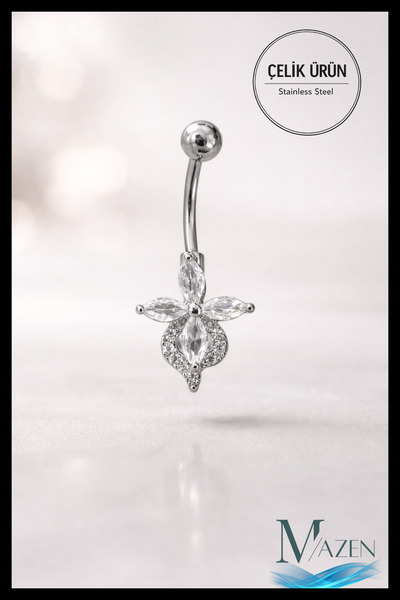 MAZEN Çiçek Model Göbek Piercing | 316L Çelik | Beyaz Taş Detaylı | Kadın Tak...