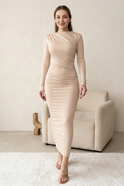 FERHEL Μακρυμάνικο φόρεμα Bodycon ντραπέ - Πέτρινο