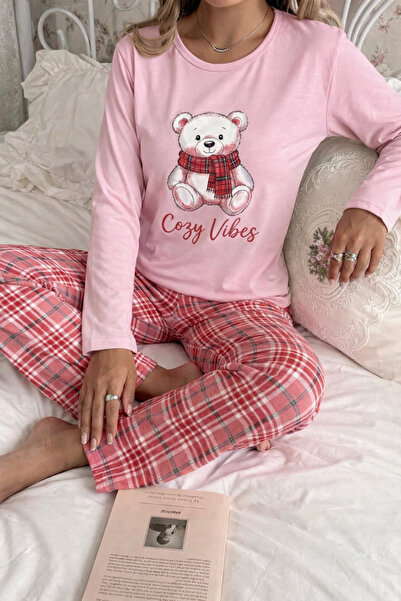MİSSLALE Ekose Desenli Ayıcık Detaylı Uzun Kollu Kadın Pijama Takımı
