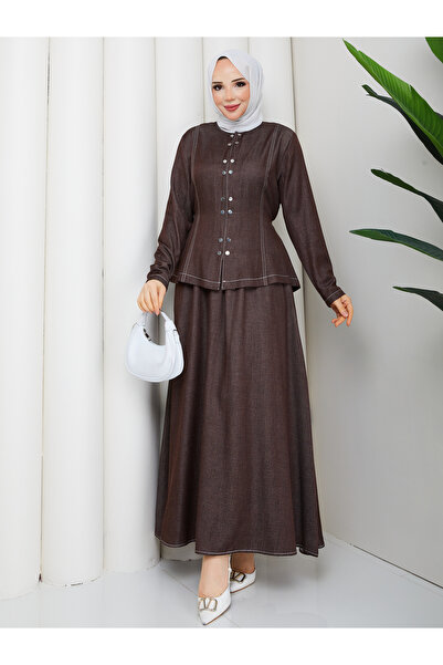 RACE FASHİON Denim Denim Snap Fastener Shirt & Pocketed Skirt Hijab Set Rc9026