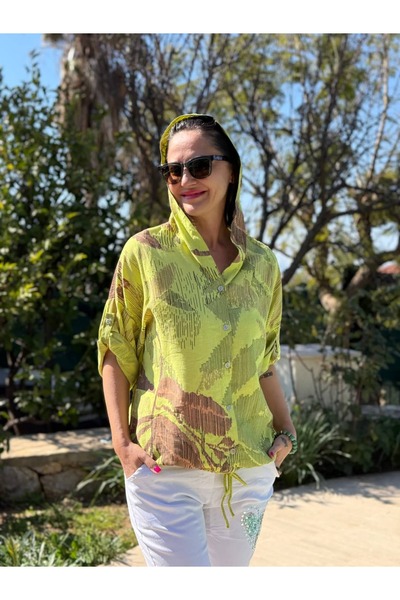 Punta Otantik Yg22570 Italian Belden B Tie-Detail Hooded V Viscose Shirt Pist...