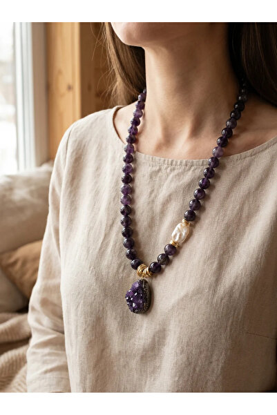 Dorvina مجوهرات من الحجر الطبيعي، الأميثيست واللؤلؤ الباروكي، قلادة نسائية مه...