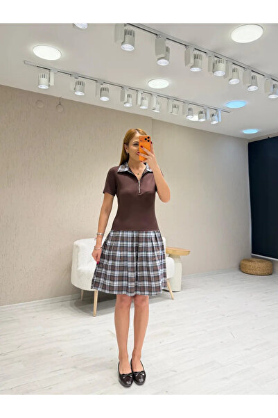 QİMYA BUTİK Lucky Life Women's Polo Zipper Collar and Skirt E Plaid I Short S...