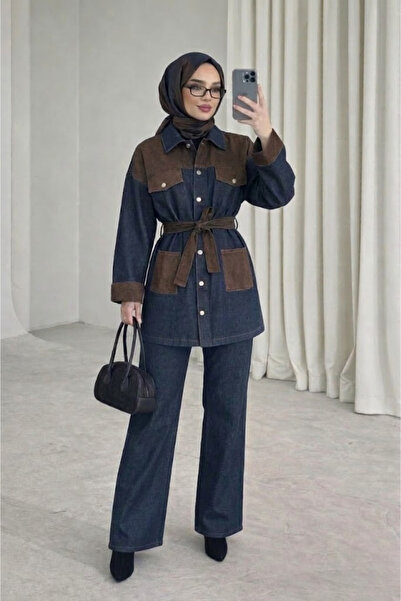 Tesettür Diyarı Γυναικείο Τζιν Σετ Χιτζάμπ με Ζώνη - Καφέ Ναυτικό Μπλε