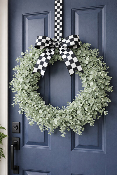 ecrella Okaliptus Kapı Süsü – Siyah Beyaz Dama Kurdeleli Modern Kapı Çelengi ...