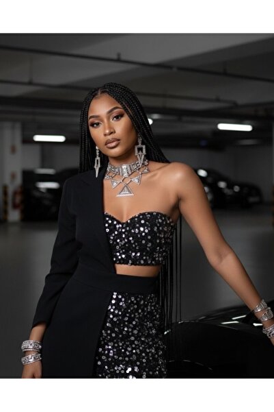 BGKGİYİM Tek Omuz Payet Detaylı Blazer Mini Kadın Elbise