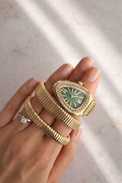 OQQO Kora Taşlı Yeşil Kadran Gold Kordon Yılan Model Kadın Kol Saati