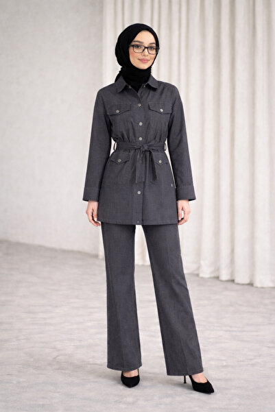 Tesettür Diyarı Costum Hijab cu curea pentru femei, denim piese - Afumat