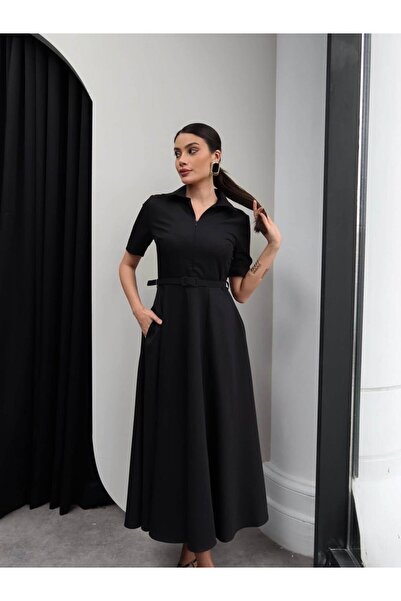 MODA DURAĞI Rochie cu guler tip cămașă și curea, neagră