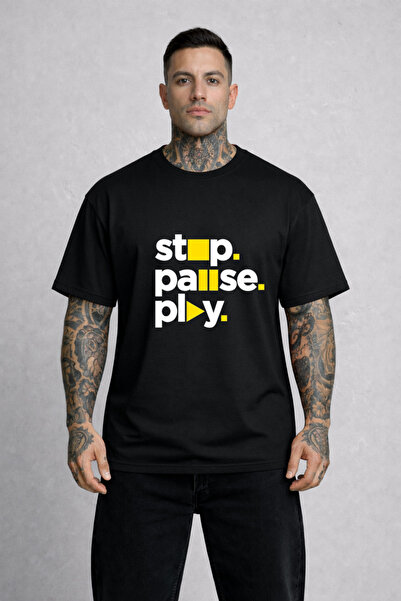 VODEXA Tricou oversize pentru bărbați STOP PAUSE Imprimat 100% bumbac Tricou ...