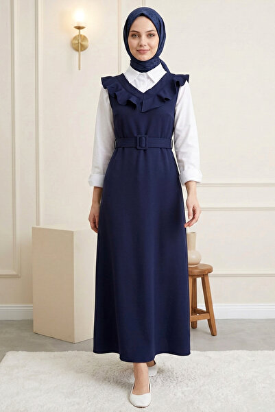 FERHEL Women's V-Neck Long Gilet Dress - Dark Navy Blue