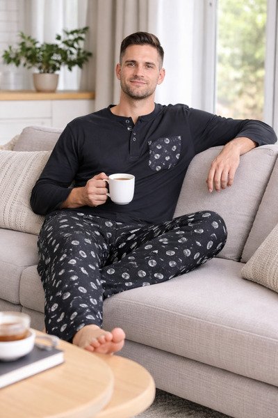 Hipnos Moonphase %100 Cotton Soft-Textured Long Sleeve Relaxed Cut Men's Pajama Set