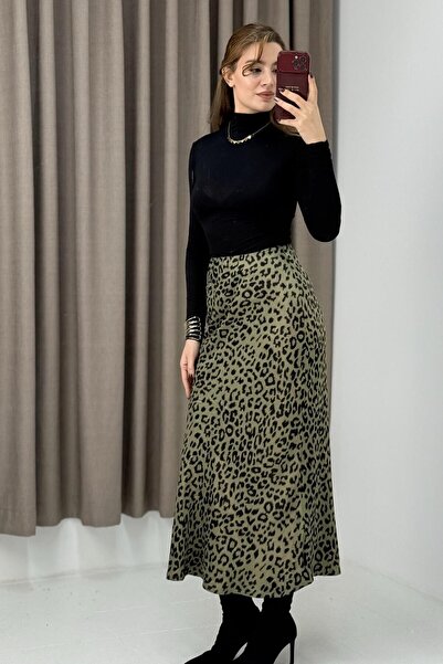 Raneel Kazançlı Alışveriş Leopard Satin Skirt with Elastic Waist Khaki