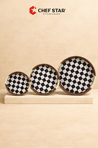 Chefstar 3'LÜ DEKORATİF SERVİS TEPSİSİ KULPLU MASA ÜSTÜ SUNUM TEPSİSİ MUTFAK ...