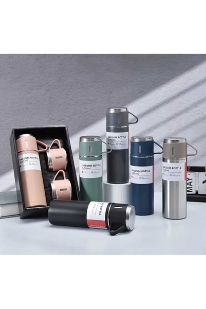 Vacuum Bottle طقم ترمس ستانلس ستيل 3 أكواب 500 مل مع علبة مانعة للتسرب