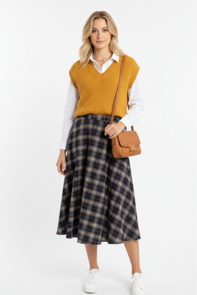 Raneel Kazançlı Alışveriş Women's Plaid piece beige Pocketed A-Line Skirt