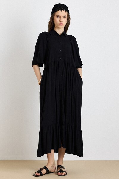 Olcay Ruched Detail Half Sleeve Soft Dress Black 9418-E