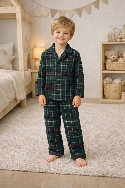 zahider Σετ πιτζάμες από βαμβακερό σουέτ με κουμπιά για αγόρια