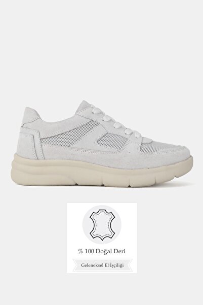 TUNAELLİ Women's Gray Suede Genuine Natural Leather Lace-Up Sneaker Casual Shoes