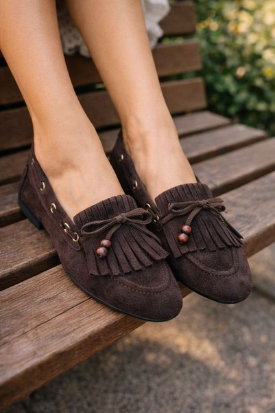 FLARF Avello Brown Suede Bead Detailed Tasseled Lace-Up Loafers Ballet Flats Casual Shoes