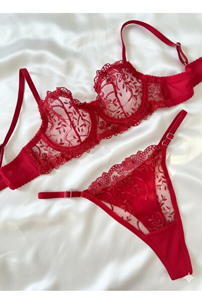 RUYAZ TEKSTİL Σετ εσωρούχων Δαντέλα τεμαχίων με κόκκινο σουτιέν, μεγάλο και μ...