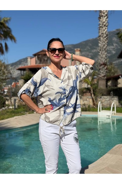 Punta Otantik Yg22580 Italian Belden B Tie-Detail Hooded V Viscose Shirt Cream