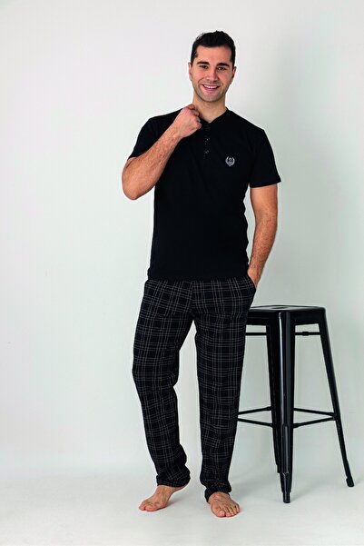 Estiva Men's Checked Alt Patterned Black Short Sleeve Pajama Set with Patches...