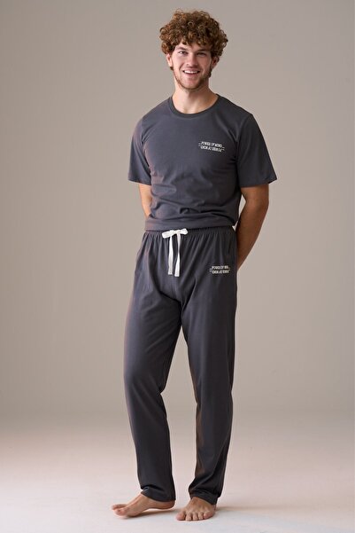 PİJAPİA Men's Short Sleeve 100% Cotton Pajama Set Anthracite