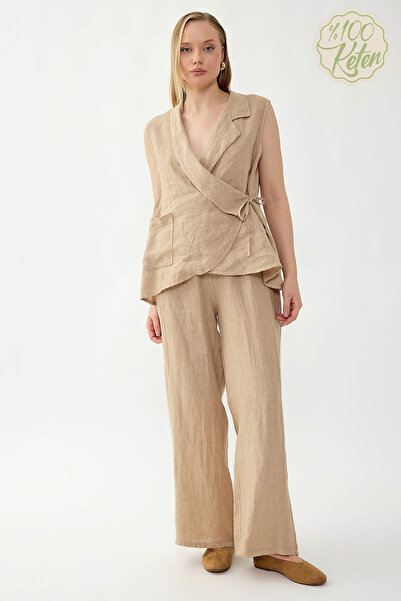 Vitrin بنطلون واسع الساق 100% كتان بيل إي آي بي بأربطة