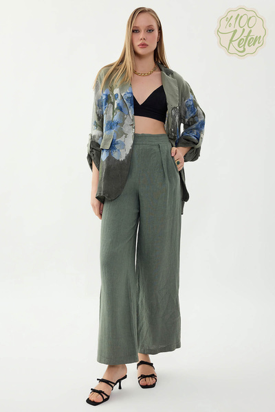 Vitrin 100% Linen Elastic Waist Front Pleated Pants