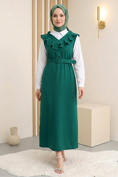 FERHEL Women's V-Neck Long Gilet Dress - Emerald