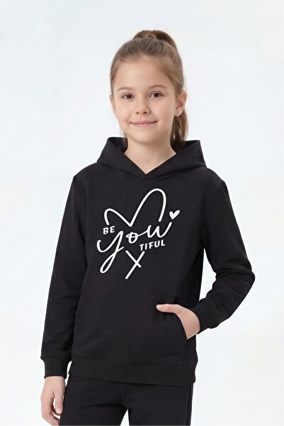 FYK KİDS Kangaroo Pocket Hooded Girls' Sweatshirt with Print Detail