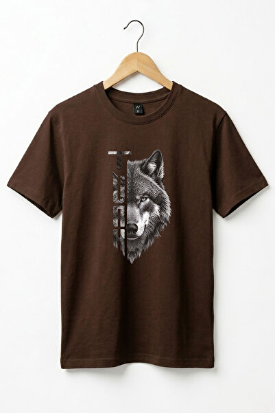 WİDİ Half Wolf Half Turkish Text Design Printed 100% Cotton T-Shirt