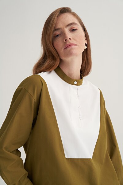 EBU Prive Women's Hakim Collar Paneled Shirt Oil Green