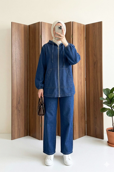 MODAQU Fermarlı Kanguru Pocket Detail Trouser Denim Suit - Indigo