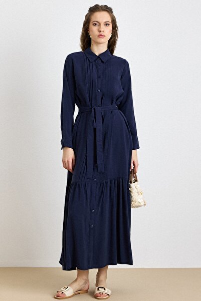 Olcay Ribbed Detailed Skirt with Ruffles Soft Fabric Dress Dark Blue 9441-E