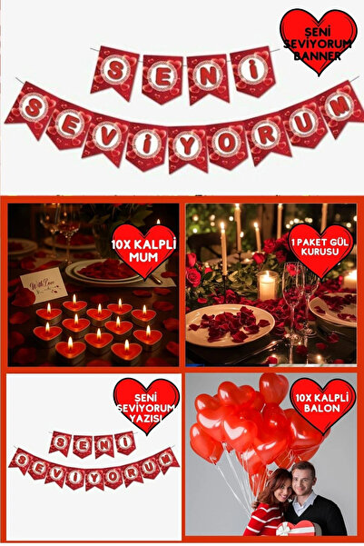 Parti Zamanı Seni Seviyorum Yazısı Kalpli Balon Gül Kurusu Mum Sevgililer Gün...