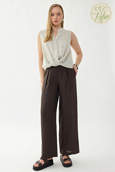 Vitrin 100% Linen Elastic Waist Front Pleated Pants