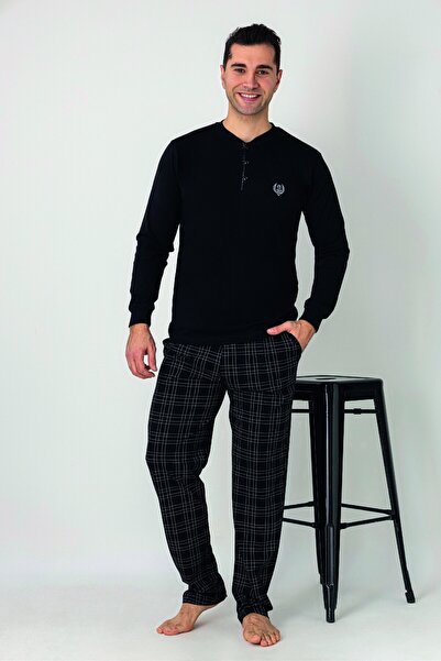 Estiva Men's Checked Alt Patterned Black Long Sleeve Combed Cotton Pajama Set