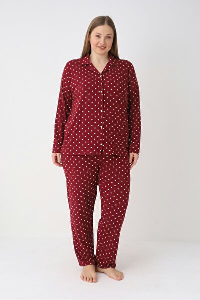 Estiva Women's Polka Dot Piece Claret Red Button-Front Soft Battal Pajama Set