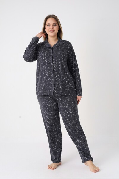 Estiva Women's Yıldız Patterned Navy Blue Button-Front Soft Battal Pajama Set