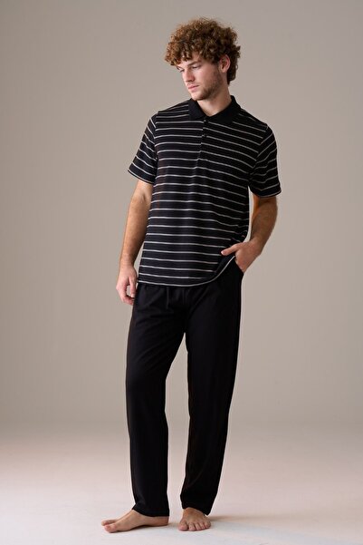 PİJAPİA Men's Short Sleeve Buttoned Collar 100% Cotton Pajama Set Black