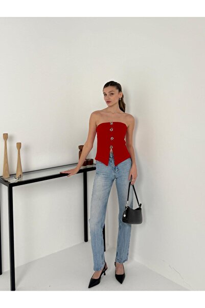 lallure design Kadın Straplez düğme detaylı Crop Bluz